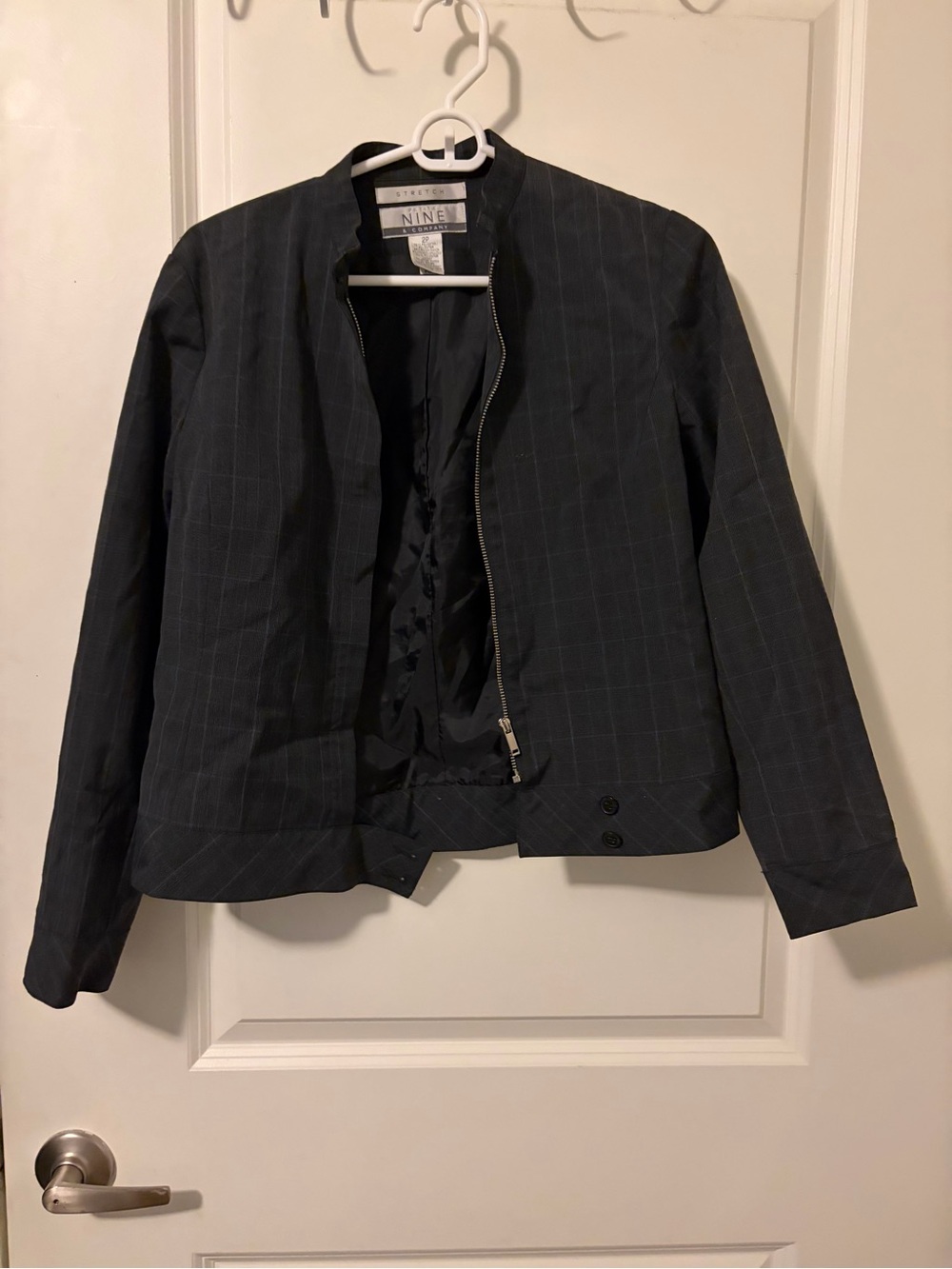 Nine & Company Dark Charcoal Pinstripe Collarless Zip Jacket